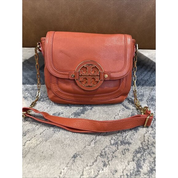 Tory Burch Amanda Big Logo Red Orange Foldover Crossbody Bag With Gold Hardware - Picture 1 of 12